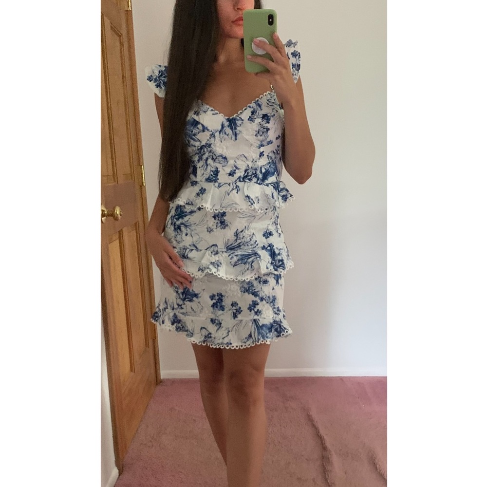 Blue and White print dress from Peppermayo